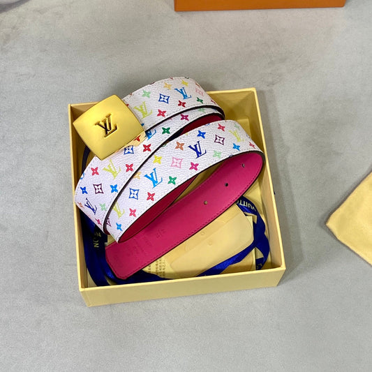 LV 35 MM BELT MULTICOLOR WHITE MIX LIGHT PINK MONOGRAM CALFSKIN GOLD HARDWARE