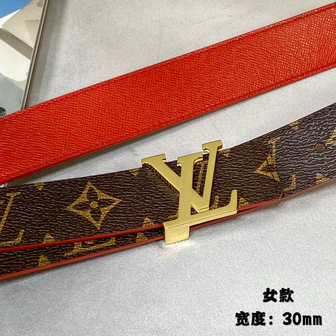 LV INITIALES 30 MM REVERSIBLE BELT IN BROWN MONOGRAM AND CHERRY RED CALFSKIN GOLD HARDWARE
