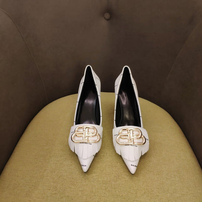POINTED TOE PUMPS WHITE WITH LOGO PRINT SMOOTH CALFSKIN