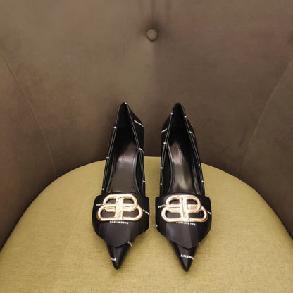 POINTED TOE PUMPS BLACK WITH LOGO PRINT SMOOTH CALFSKIN