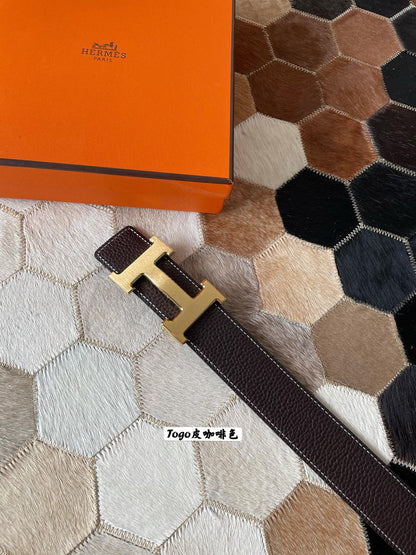 HM CONSTANCE BELT BUCKLE & REVERSIBLE CHOCOLATE BROWN LEATHER STRAP 38MM GOLD HARDWARE