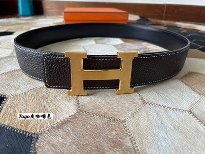 HM CONSTANCE BELT BUCKLE & REVERSIBLE CHOCOLATE BROWN LEATHER STRAP 38MM GOLD HARDWARE
