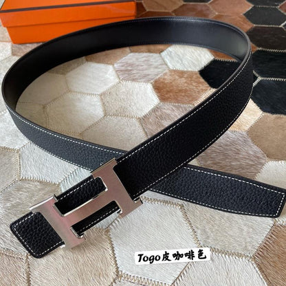 HM CONSTANCE BELT BUCKLE & REVERSIBLE BLACK LEATHER STRAP 38MM SILVER HARDWARE