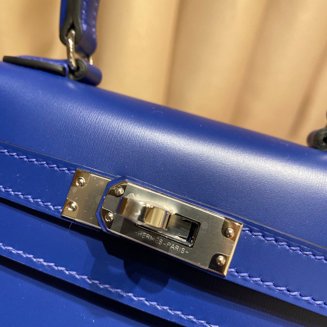 KELLY MINI 20 BAG IN NAVY BLUE SMOOTH CALFSKIN WITH SILVER HARDWARE