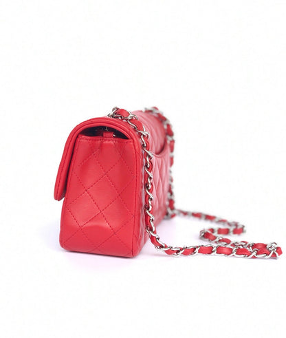 MINI RECTANGLE FLAP BAG 20CM RED LAMBSKIN SILVER HARDWARE