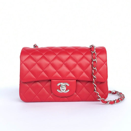 MINI RECTANGLE FLAP BAG 20CM RED LAMBSKIN SILVER HARDWARE