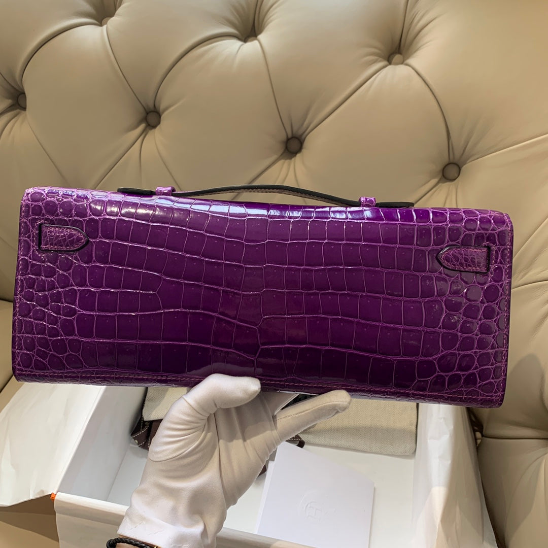 KELLY CUT 31 IN VIOLET PURPLE ALLIGATOR LEATHER WITH GOLD HARDWARE