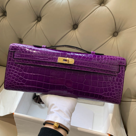KELLY CUT 31 IN VIOLET PURPLE ALLIGATOR LEATHER WITH GOLD HARDWARE
