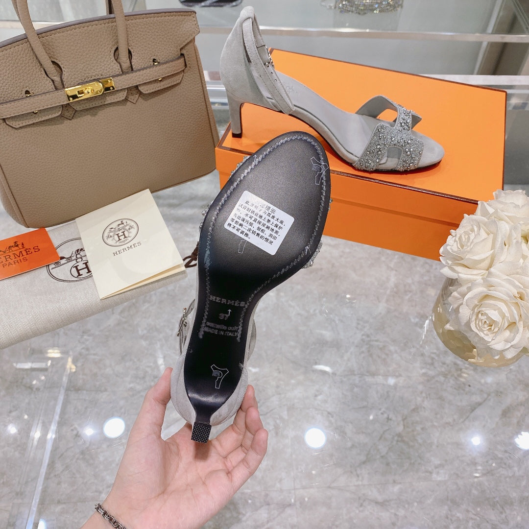 PREMIERE 70 SANDAL IN PALE GRAY SUEDE WITH CRYSTALS