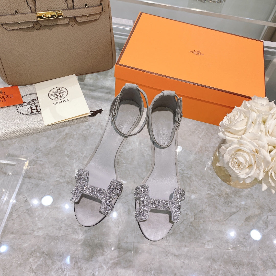 PREMIERE 70 SANDAL IN PALE GRAY SUEDE WITH CRYSTALS