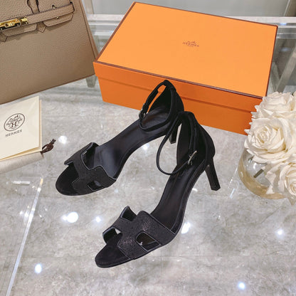 PREMIERE 70 SANDAL IN BLACK SUEDE WITH CRYSTAL