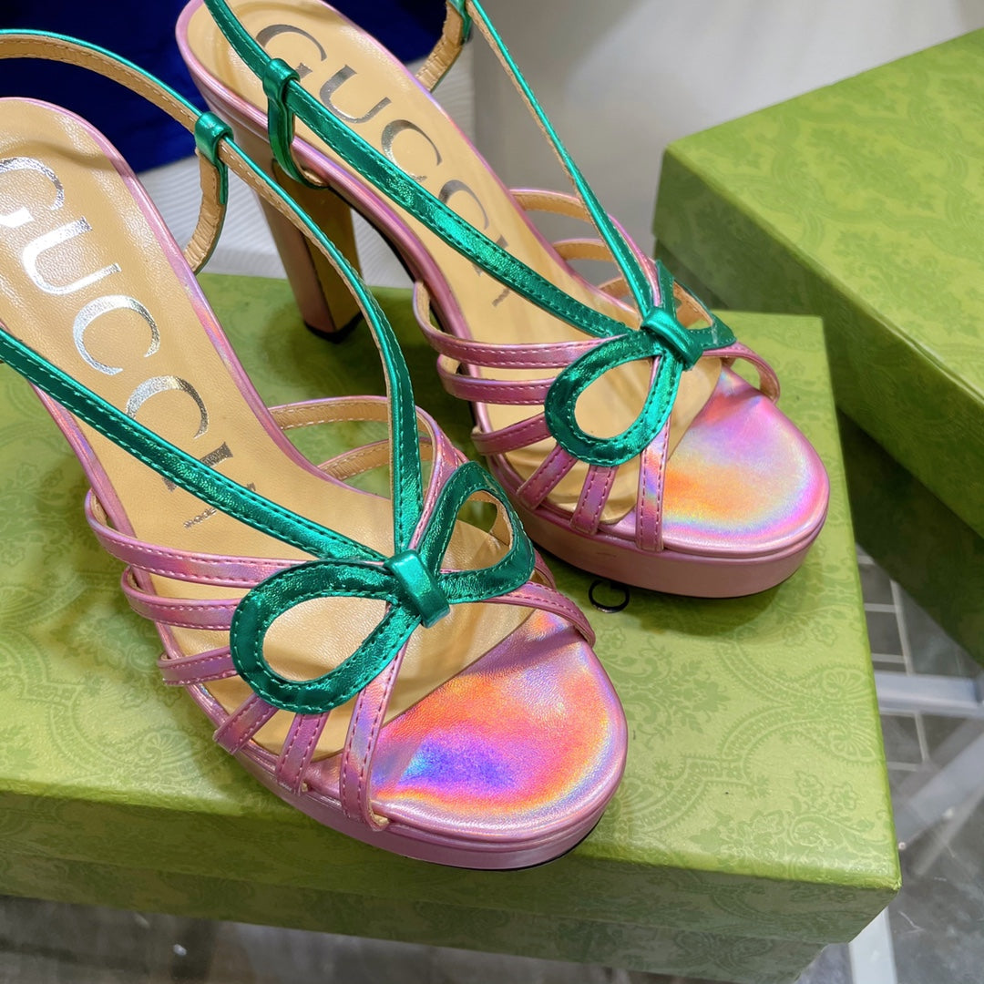 GG HIGH HEEL SANDAL HOT PINK AND JADE GREEN LAMBSKIN
