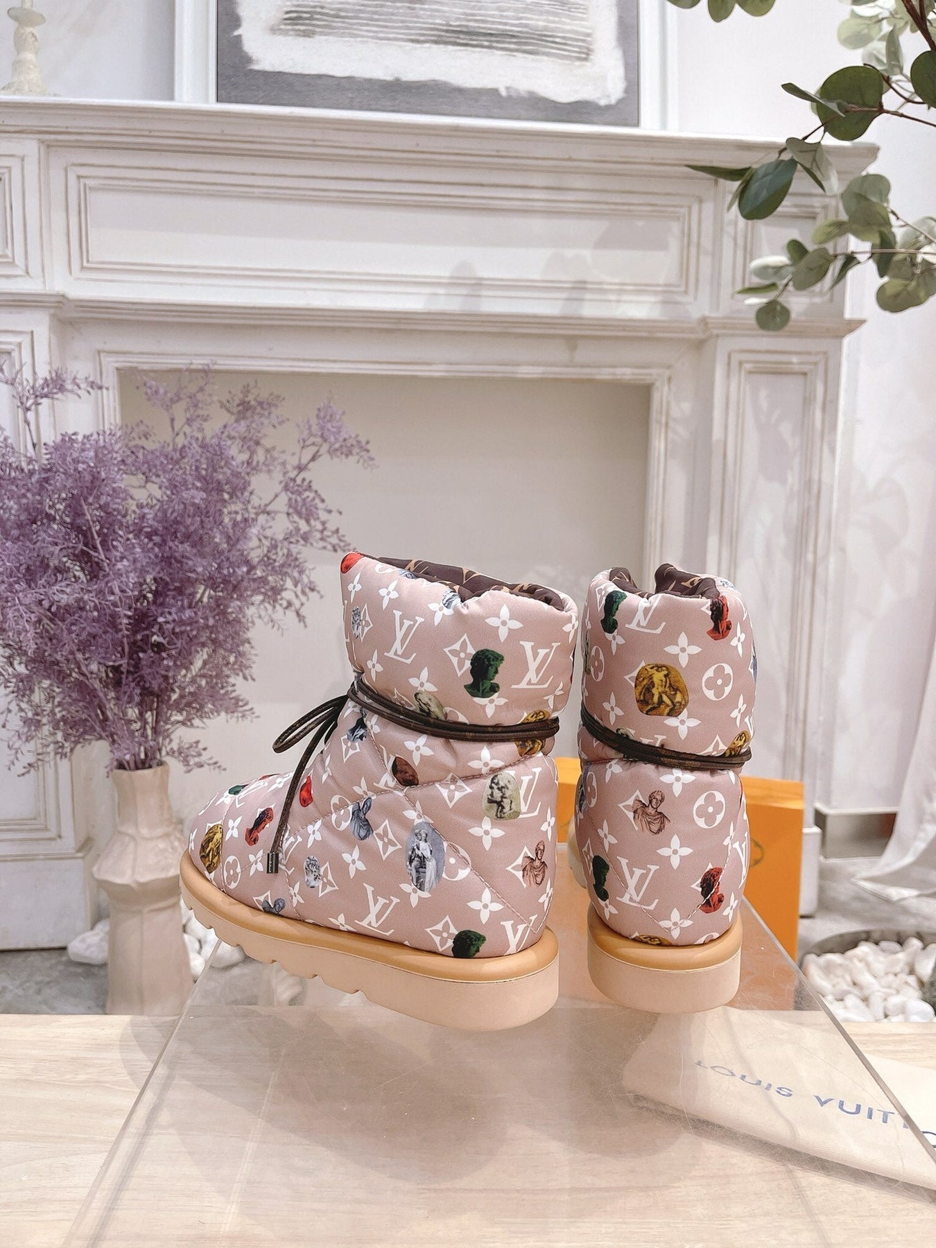 PILLOW COMFORT ANKLE BOOTS IN ROSY BROWN MIX WHITE MONOGRAM NYLON