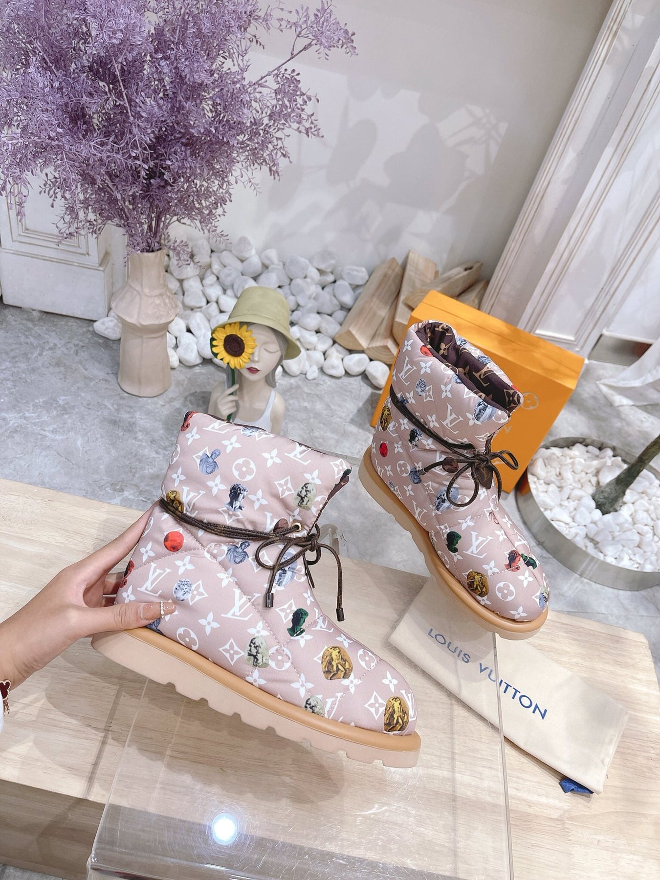 PILLOW COMFORT ANKLE BOOTS IN ROSY BROWN MIX WHITE MONOGRAM NYLON