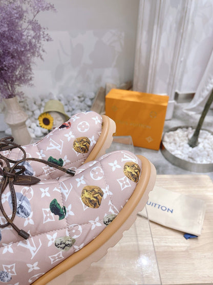 PILLOW COMFORT ANKLE BOOTS IN ROSY BROWN MIX WHITE MONOGRAM NYLON