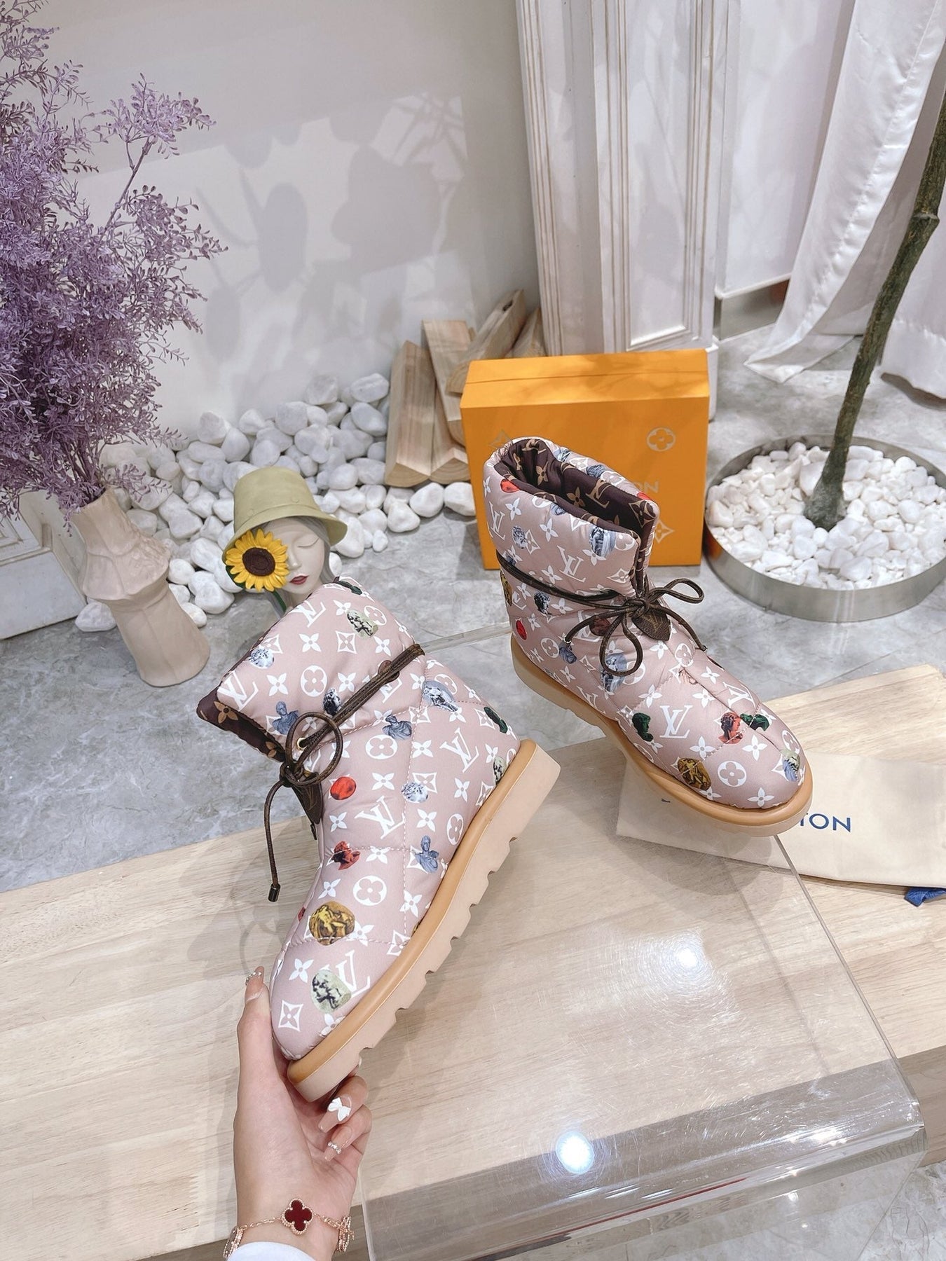 PILLOW COMFORT ANKLE BOOTS IN ROSY BROWN MIX WHITE MONOGRAM NYLON