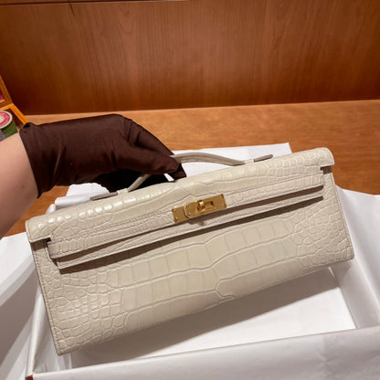 KELLY CUT 31 IN WHITE CREAM ALLIGATOR LEATHER WITH GOLD HARDWARE