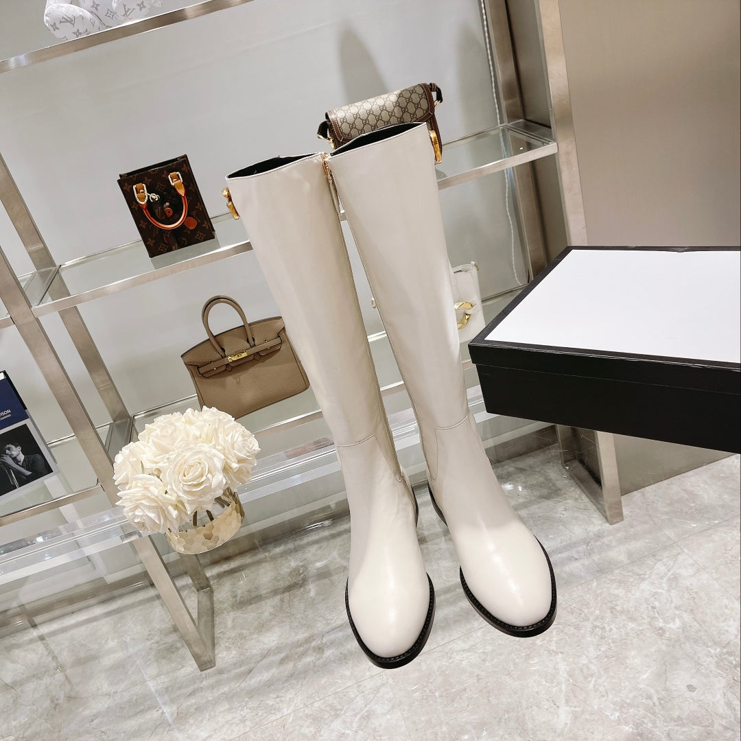 GG CLASSIC KNEE HIGH BOOTS IN WHITE IMPORTED CALFSKIN