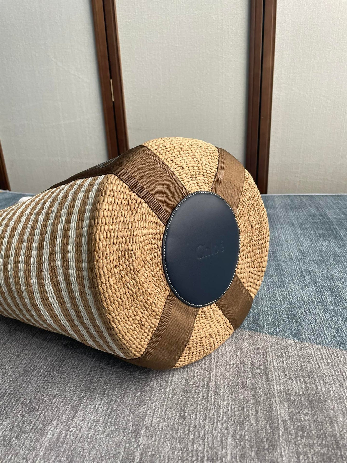 LAGRE WOODY TOTE BAG 48 IN BROWN AND WHITE FIBERS BROWN WEBBING BLACK CALFSKIN