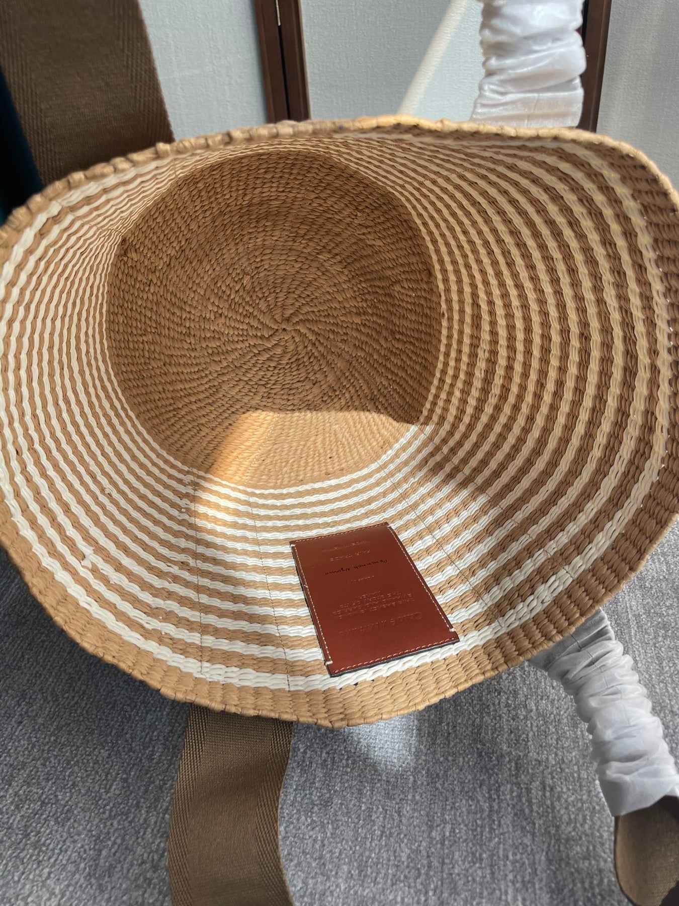 LAGRE WOODY TOTE BAG 48 IN BROWN AND WHITE FIBERS BROWN WEBBING BLACK CALFSKIN