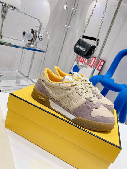 FENDI CASUAL SNEAKER IN TAN BEIGE CALFSKIN AND HEATHER PURPLE SUEDE