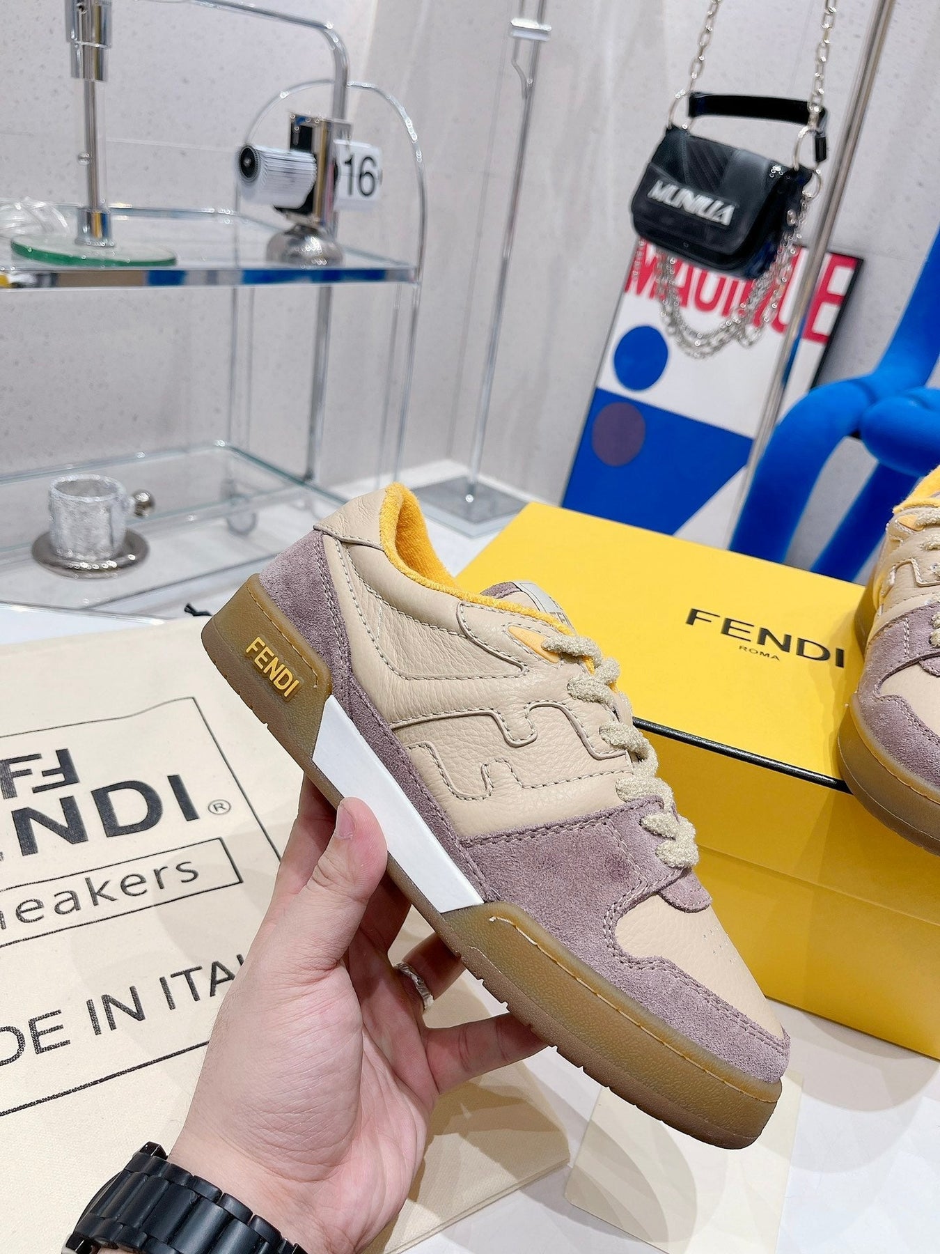 FENDI CASUAL SNEAKER IN TAN BEIGE CALFSKIN AND HEATHER PURPLE SUEDE