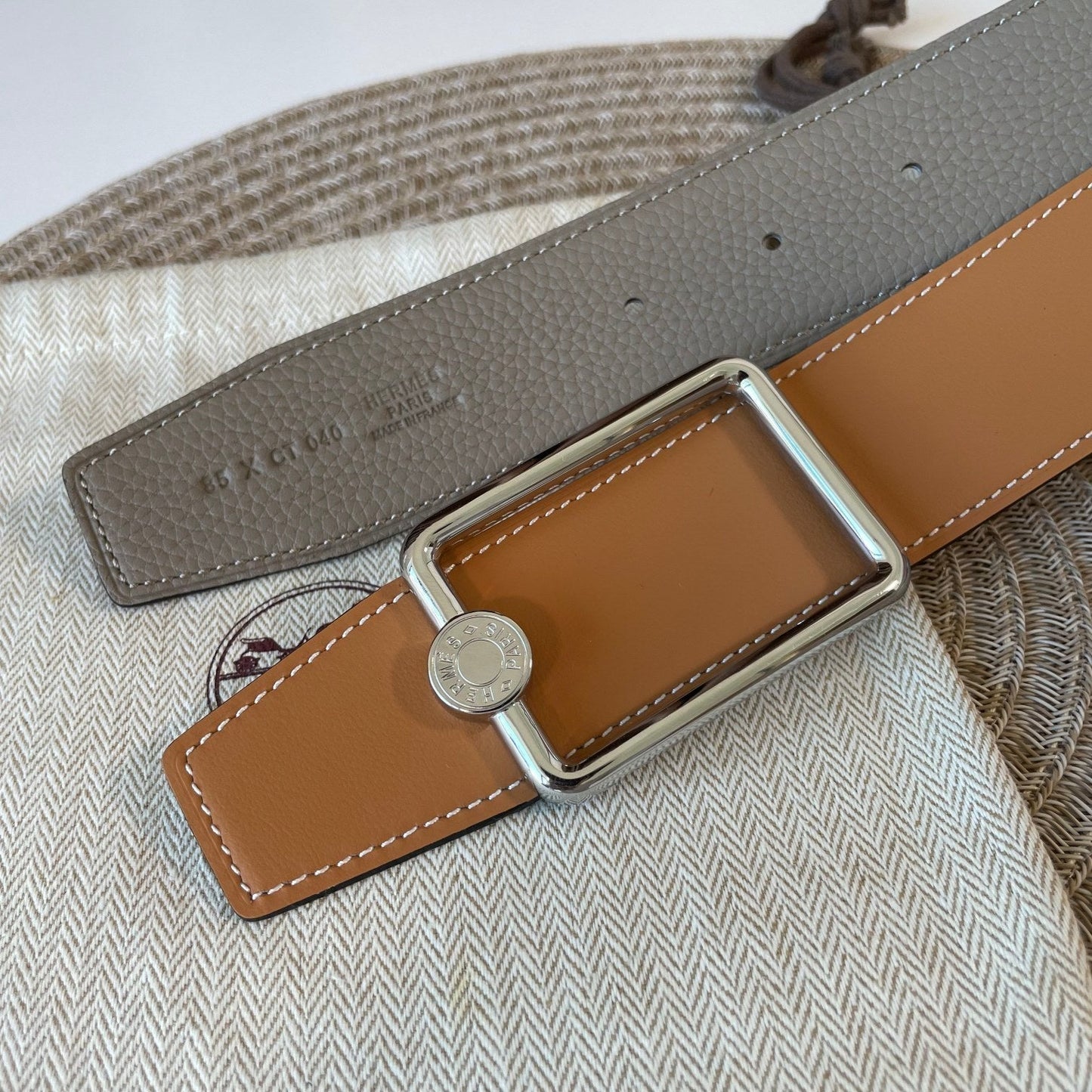 OSCAR BELT BUCKLE & REVERSIBLE KHAKI BROWN AND ORANGE LEATHER STRAP 38MM SILVER HARDWARE