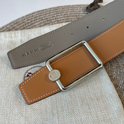 OSCAR BELT BUCKLE & REVERSIBLE KHAKI BROWN AND ORANGE LEATHER STRAP 38MM SILVER HARDWARE