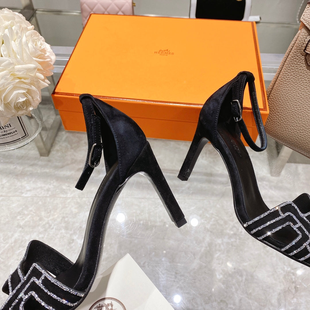 PREMIERE 90 SANDAL IN BLACK SUEDE WITH RHINSTONES