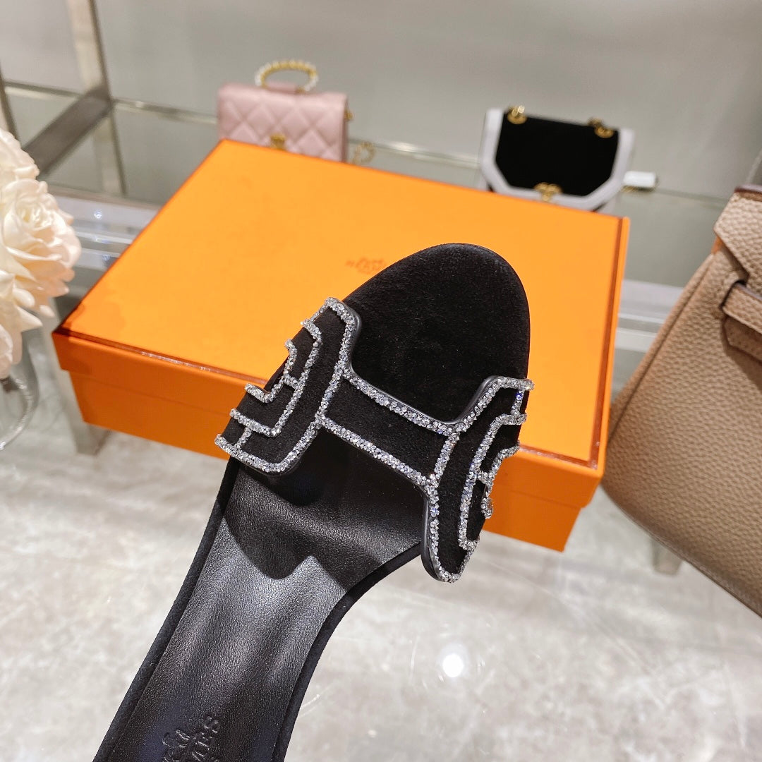 PREMIERE 90 SANDAL IN BLACK SUEDE WITH RHINSTONES