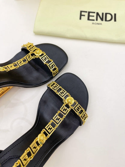 FENDI HIGH-HEELED 85 MM SANDALS IN BLACK LAMBSKIN WITH GOLD HARDWARE