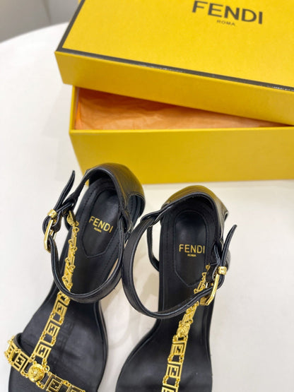 FENDI HIGH-HEELED 85 MM SANDALS IN BLACK LAMBSKIN WITH GOLD HARDWARE