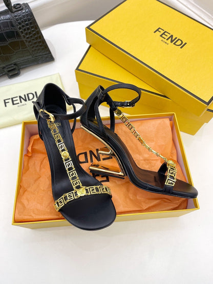 FENDI HIGH-HEELED 85 MM SANDALS IN BLACK LAMBSKIN WITH GOLD HARDWARE