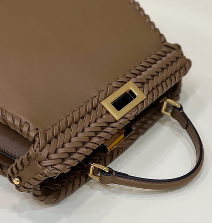 PEEKABOO ISEEU 27 IN BROWN SMOOTH CALFSKIN WITH WOVEN TRIM GOLD HARDWARE
