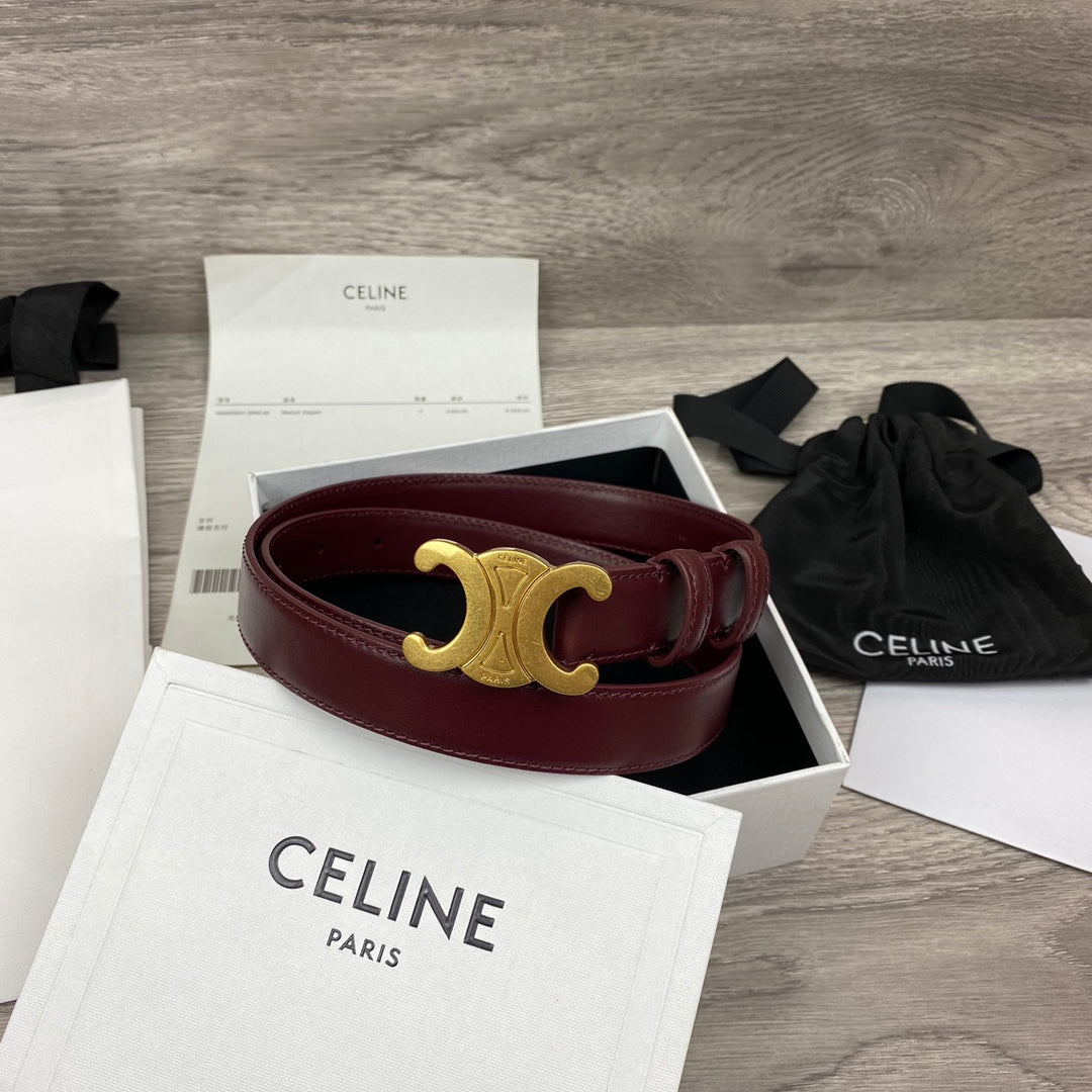 CL MEDIUM 25 MM TRIOMPHE BELT IN WINE RED LEATHER GOLD HARDWARE