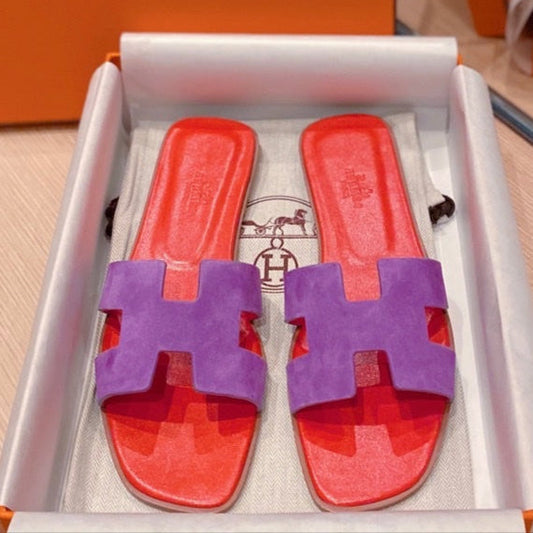 0RAN SANDALS IN VIOLET PURPLE SUEDE AND CHERRY RED CALFSKIN