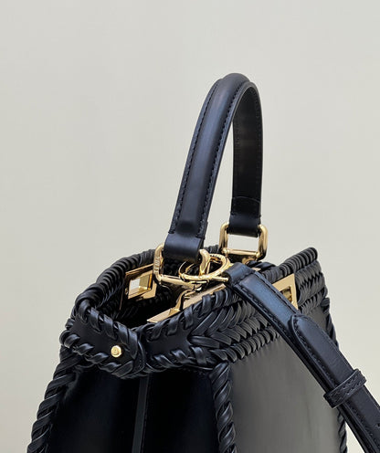 PEEKABOO ISEEU 27 IN BLACK SMOOTH CALFSKIN WITH WOVEN TRIM GOLD HARDWARE