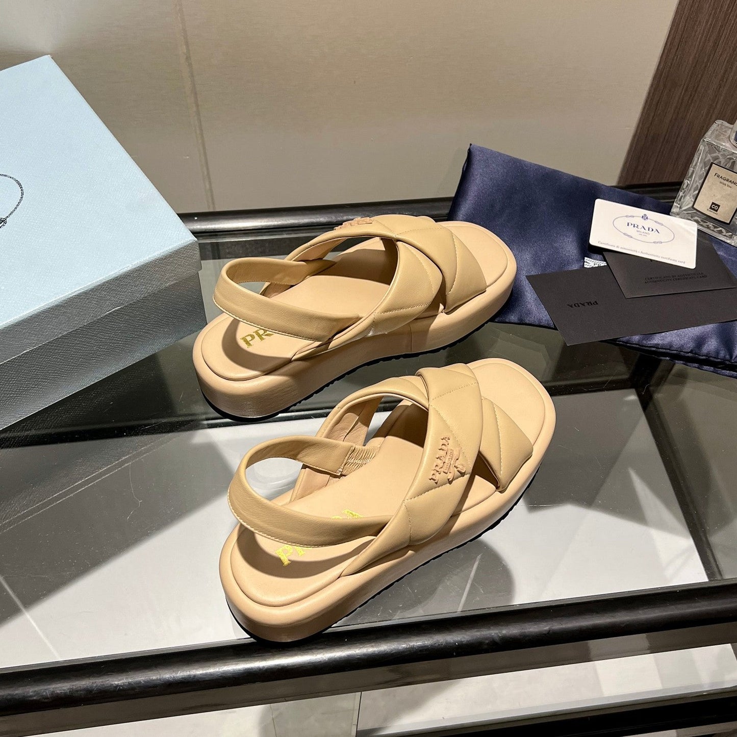 PRA PADDED CRISSCROSS SANDALS BEIGE LAMBSKIN