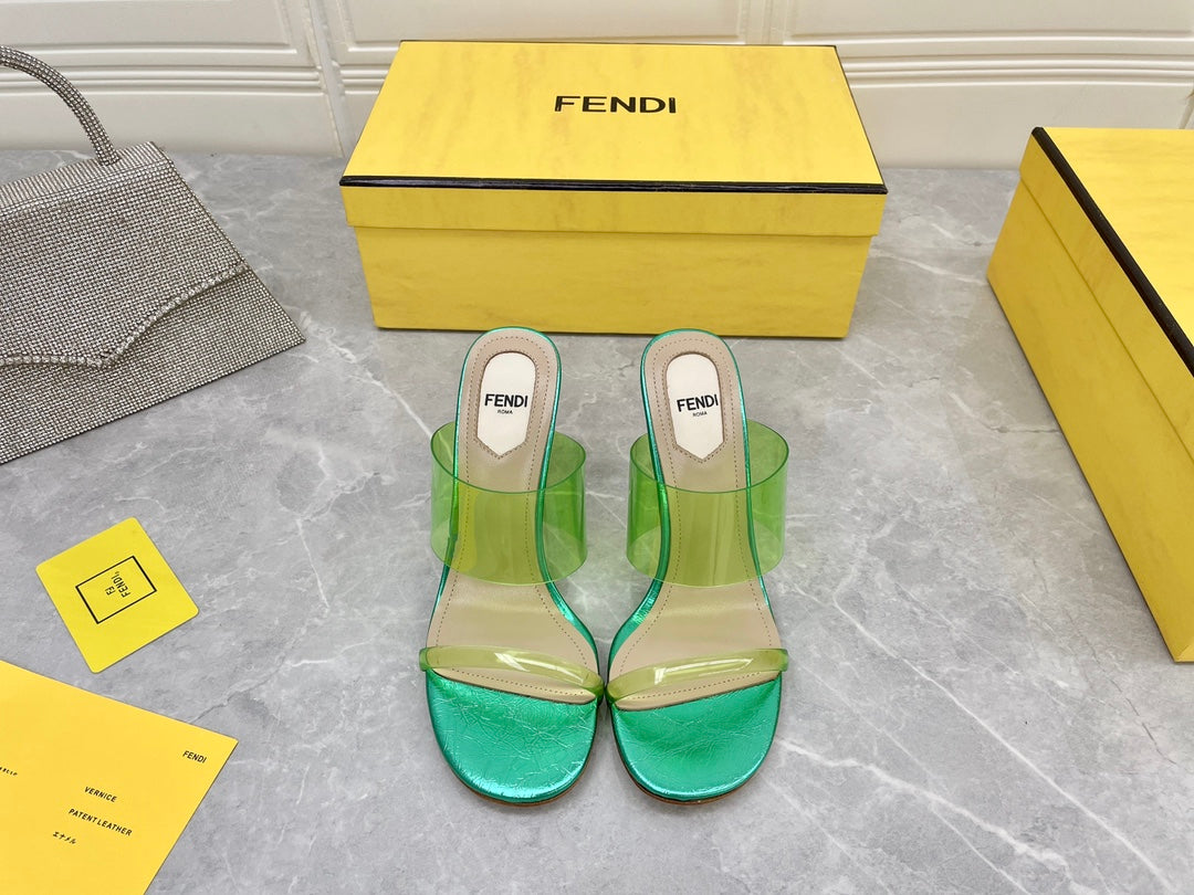 FENDI FIRST 95 MM HIGH-HEELED SANDAL IN GREEN FERN TPU FILM AND LAMBSKIN