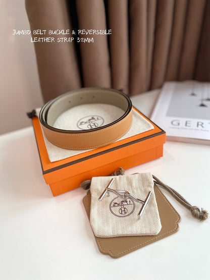 JUMBO BELT SILVER BUCKLE & REVERSIBLE CAMEL BROWN AND ORANGE LEATHER STRAP 32MM