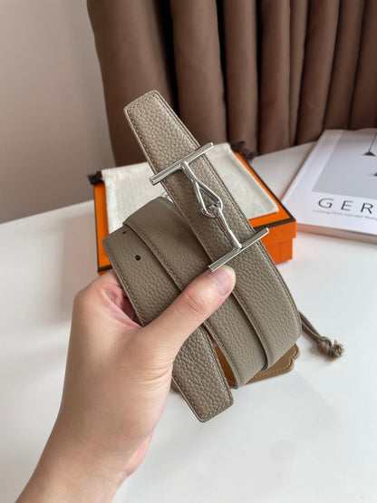 JUMBO BELT SILVER BUCKLE & REVERSIBLE CAMEL BROWN AND ORANGE LEATHER STRAP 32MM