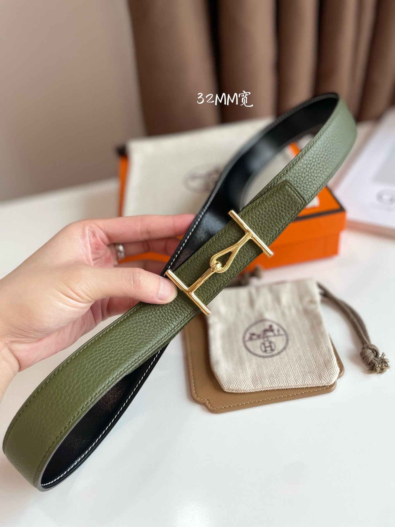 JUMBO BELT GOLD BUCKLE & REVERSIBLE OLIVE GREEN AND BLACK LEATHER STRAP 32MM