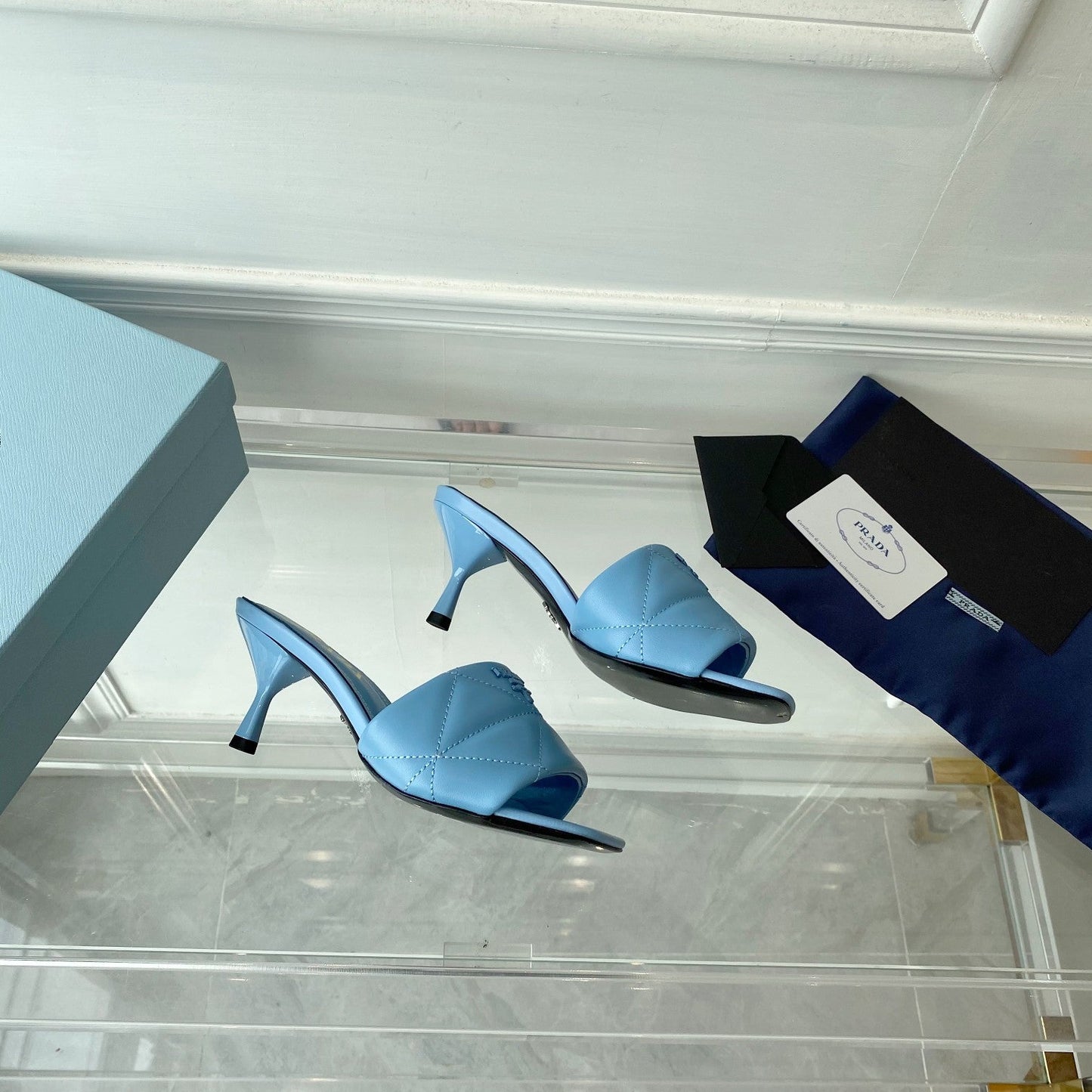 PRA QUILTED HIGH HEELS SANDALS 65 SKY LAMBSKIN