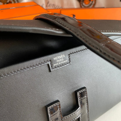 JIGE ELAN 29 CLUTCH IN BLACK CALFSKIN WITH LIZARD SKIN