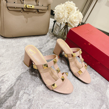 ROMAN STUD PALE PINK CALFSKIN SLIDE SANDAL 60 MM