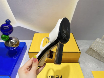 FENDI FIRST 95 MM HIGH-HEELED SANDAL IN WHITE LAMBSKIN GOLD HARDWARE