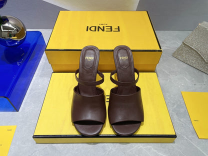 FENDI FIRST 95 MM HIGH-HEELED SANDAL IN CHOCOLATE BROWN LAMBSKIN GOLD HARDWARE