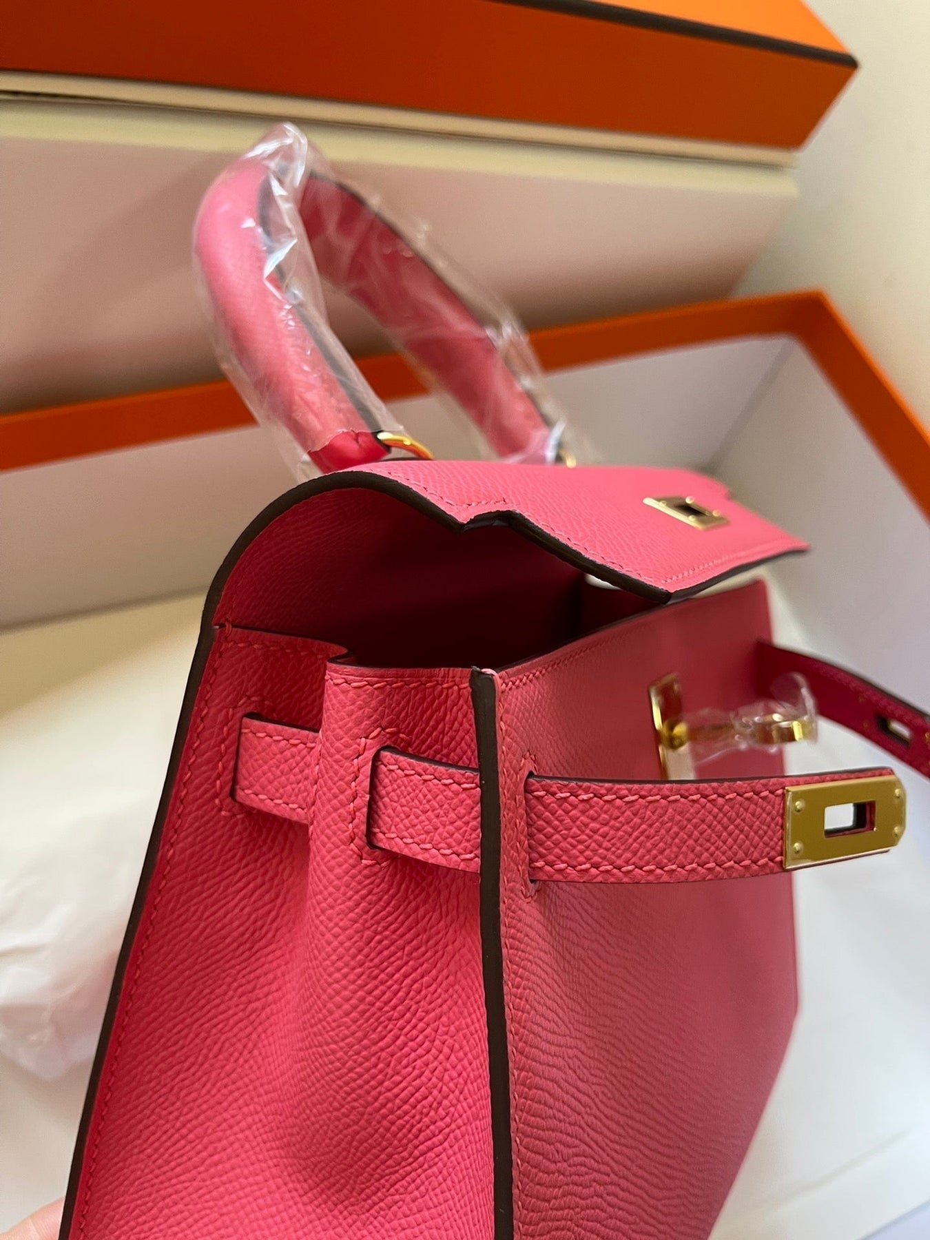 KELLY MINI 20 BAG IN RED PINK CALFSKIN WITH GOLD HARDWARE