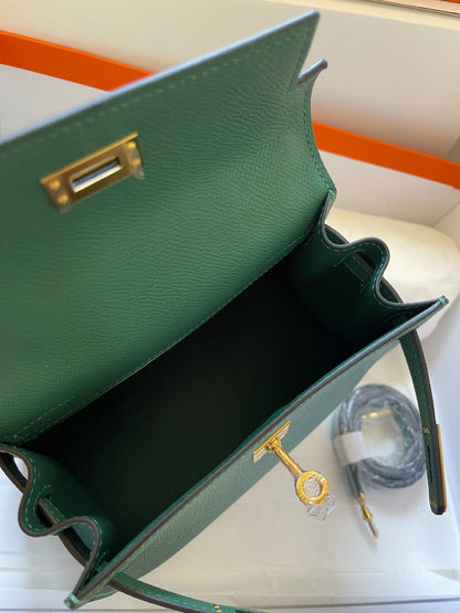 KELLY MINI 20 BAG IN DARK GREEN CALFSKIN WITH GOLD HARDWARE