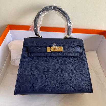 KELLY MINI 20 BAG IN NAVY BLUE CALFSKIN WITH GOLD HARDWARE